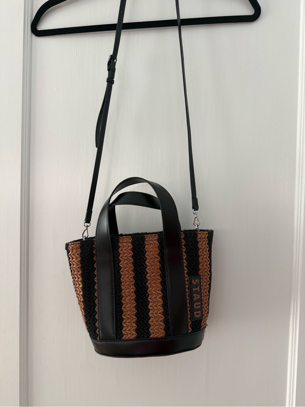 STAUD Black and Brown Striped Woven Mini Tote with Leather Trim